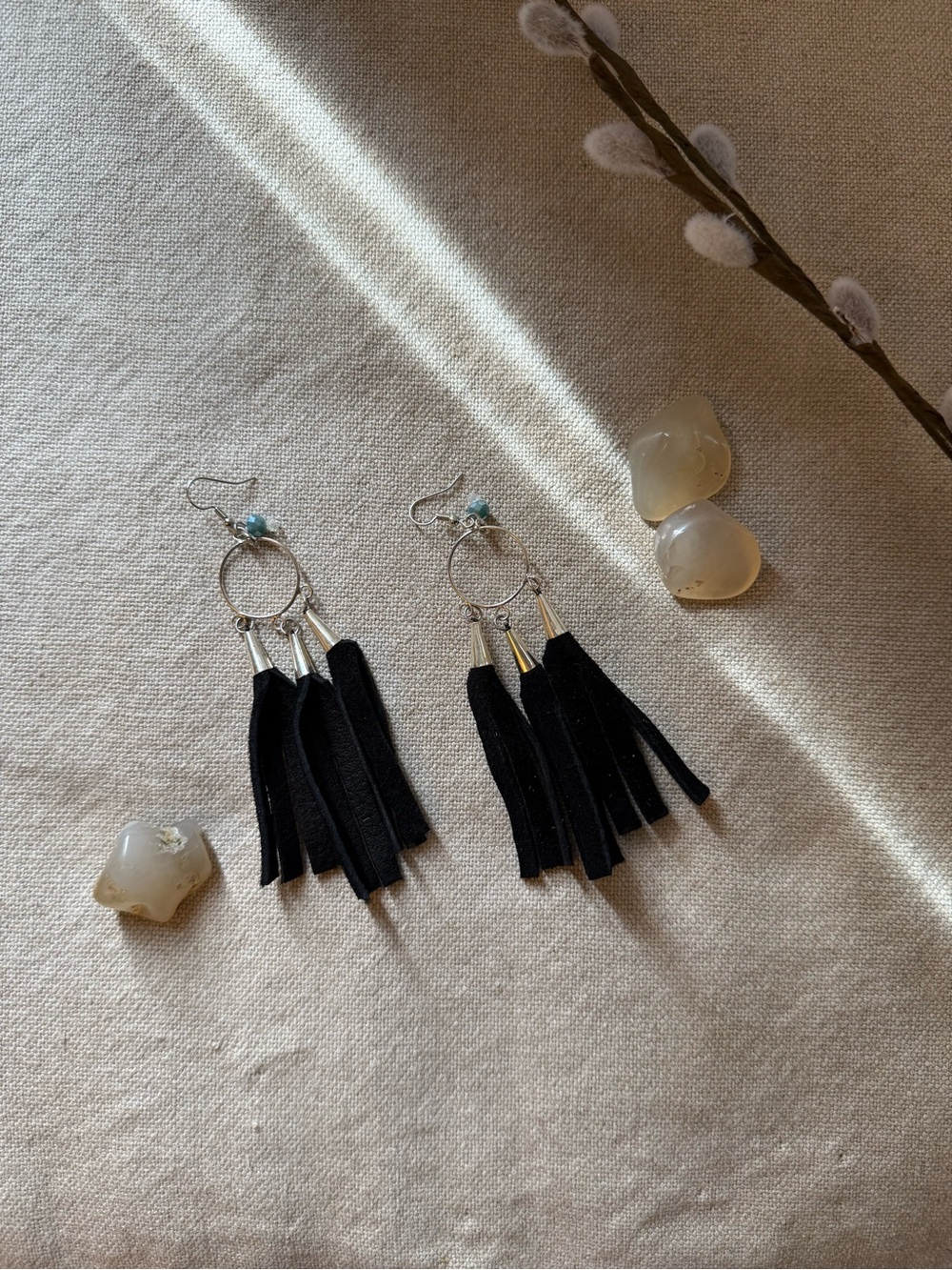 Black Fringe Hoop Earrings with Silver Accents